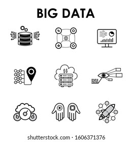 Big Data icons set. Design elements for website and social media: Value, Volume, Veracity, Variety, Vision, Velocity, Virality, Viscosity, Venue, Visualization. Vector design.