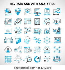 ícones de big data, ícones de análise da web, ícones de análise de dados, conjunto de ícones de análise de rede