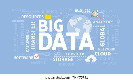 Big Data illustration. Word cloud with illustrations. Idea of information and analysys.