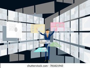 Big data and images of virtual reality.
Virtual space and businessmen.
A businessman who selects a file.
Image of informationization.
