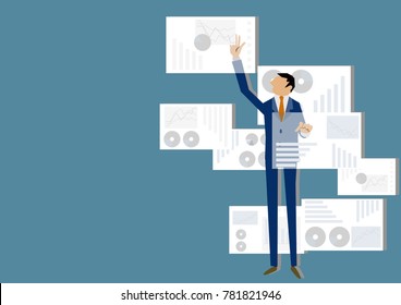 Big data and images of virtual reality.
Virtual space and businessmen.
A businessman who selects a file.
Image of informationization.
