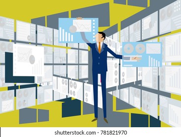 Big data and images of virtual reality.
Virtual space and businessmen.
A businessman who selects a file.
Image of informationization.
