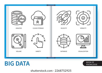 Big data infographics elements set. Database, veracity, volume, variety, cloud storage, analysis, velocity, visualization. Web vector linear icons collection