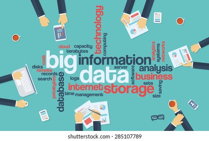 Big data infographics word cloud. Businessman sitting around with devices and documents for presentation. Eps10 vector illustration