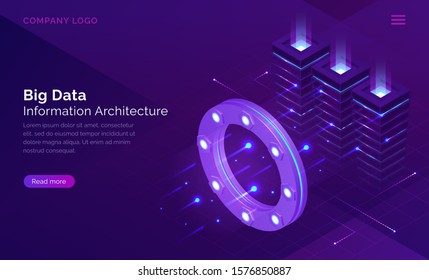 Big Data, Information Architecture Isometric Technology Concept Vector. Information Flow Through Luminous Circle, Data Traffic Analysis, Server Room With Neon Blue Connections, Purple Landing Web Page