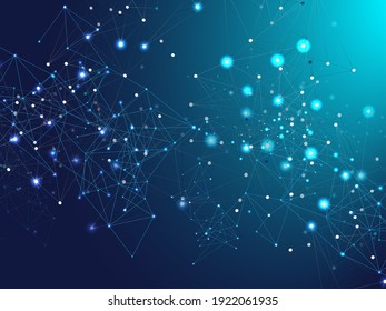 Big Data Information, Blockchain Triangular Nodes. Blue Technology Space, Internet Cyberspace Data Concept. Galaxy Net Big Data Design, Digital Network Web. Lines Plexus Nodes Vector Background.