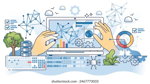 Big data information collection and digital research outline hands concept. File analysis using AI technology and virtual intelligence software vector illustration. Advanced web server management.