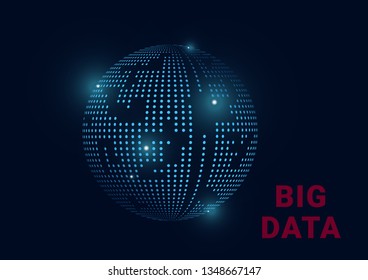 Big data information planet Earth. Globe with sharing and data collection. Big Data Visualization Design.Fractal element with lines and dots array. Digital Visual design patterns concept.