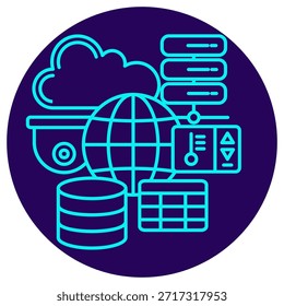 Icono de infraestructura de Big Data. Borde de neón minimalista sobre un fondo redondo azul oscuro. Una elegante Ilustración vectorial de un sistema interconectado con una red global (globo), nube, servidores, bases de datos y dispositivos de monitoreo, que simboliza un complejo ecosistema de datos y computación distribuida