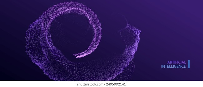 Big data innovation neon banner background. Technology ai round particles dots. Artificial Intelligence futuristic swirl circle connect innovation design.