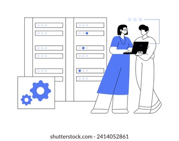 Big data isolated cartoon vector illustrations. Teacher and master IT student work with servers using laptop, cybersecurity check, information safety, making scientific research vector cartoon.