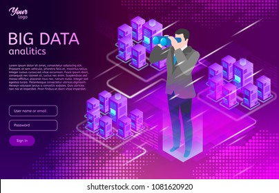 Big Data Isometric Design Concept. Man In Suit Use Binocular Spyglasses. Business Analitics And Digital Marketing