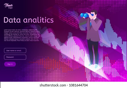 Big data isometric design concept. Man in suit use binocular spyglasses. Business analitics and digital marketing. Vector illustration