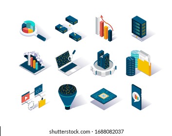 Big Data Isometric Icons Set. Data Collection, Storage In Cloud Database And Analysis. Computer Technology And Scientific Methods And Algorithms. Data Analysis And Interpretation 3d Vector Isometry.