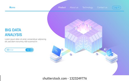 Big Data isometric vector illustration. Abstract 3d hosting server or data center room background 