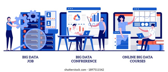 Big data job, big data conference, online big data courses concept with tiny people. Backup server technician abstract vector illustration set. Information management experts meeting metaphor.