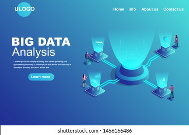 Big data landing page concept. Isometric humans teamwork on futuristic laboratory with high technology equipment. Business and financial strategy for successfully. Vector illustration design.