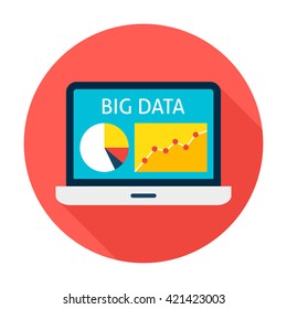 Big Data Laptop. Vector Illustration Flat Style Circle Icon with Long Shadow. Data Analysis.