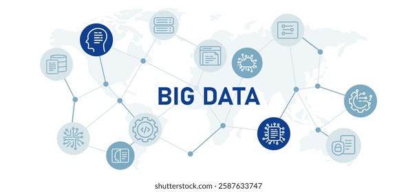 Big data large data set database aggregation large scale massive data icon set with illustration cloud database computing document analysis modern smart technology storage programming