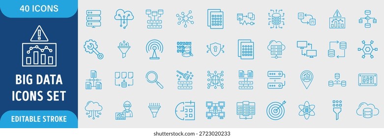 Conjunto de Ícones de Linha de Big Data. Banco de dados, data center, servidor, armazenamento em nuvem, hospedagem, análise, tecnologia da informação e ícones de gerenciamento de dados. Traçado de Contorno Editável. Ilustração de vetor