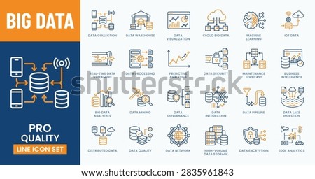 Big Data Line Icon Set for Analytics, Cloud Storage, Machine Learning, Database Warehouse, IoT, Data Mining, Security and Business Intelligence Infographic Vector