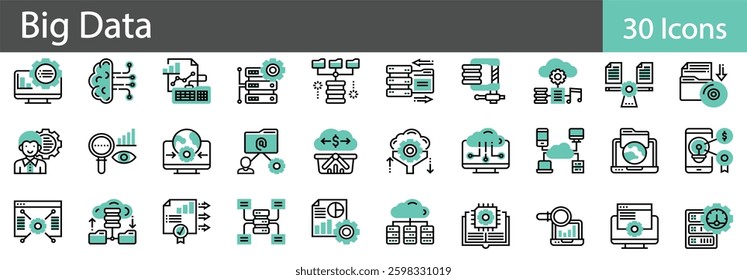 Big Data Line Icons Set. Collection of 30 outline icons representing data analysis, AI, cloud computing, and digital information processing. vector illustration.