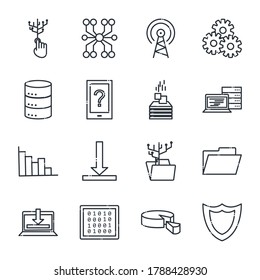 Diseño de conjunto de iconos de estilo de línea de datos grande, sistema de seguridad base del centro de hospedaje web e ilustración del hardware Vector
