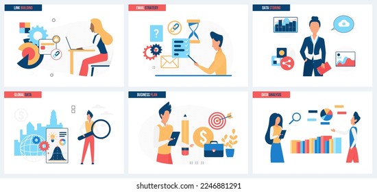 Big data, link building and storage of information for analysis, marketing business strategy set vector illustration. Cartoon tiny people work with magnifying glass and report charts on dashboard