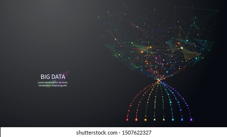 Big data low poly art banner template. 3d polygonal funnel. Networking and technology concept with connected dots, lines. Computing process, business analysis vector color wireframe mesh illustration