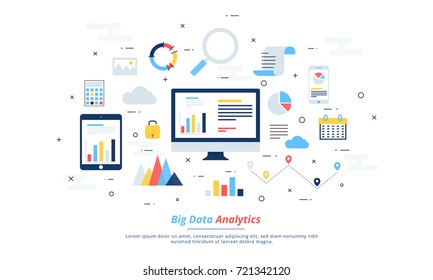 Big data, machine algorithms, analytics concept safety and security concept. Fin-tech (financial technology) background. Colourful flat illustration style.