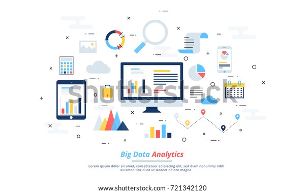 ビッグデータ 機械アルゴリズム 分析コンセプトの安全性とセキュリティのコンセプト Fin Tech 金融テクノロジー の背景 カラフルなフラットイラストスタイル のベクター画像素材 ロイヤリティフリー