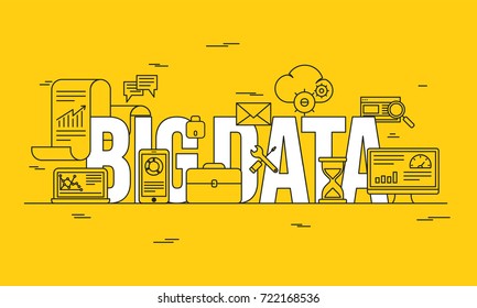 Big data, machine alogorithms, analytics concept saftey and security concept. Fin-tech (financial technology) background. Lineart illustration on yellow background.