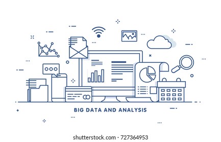 Big data, alogalgoritmos de máquina, conceito de análise de segurança e conceito de segurança. Fin-tech (tecnologia financeira) fundo. Estilo de ilustração plana.