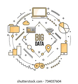 Big data, machine alogorithms, analytics concept saftey and security concept. Fin-tech (financial technology) background. Lineart illustration.