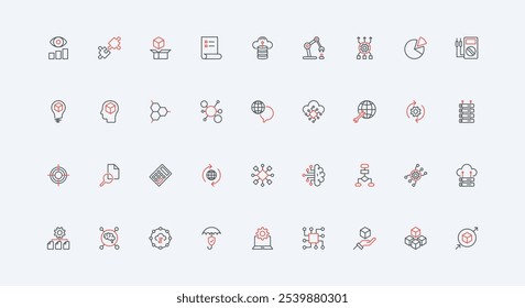 Big data, machine learning, algorithm and structure visualization with AI line icon set. Automatic processes of servers, smart solution and model thin black and red outline symbols vector illustration