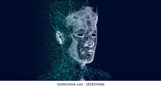 Big data. Machine learning. Polygonal wireframe cyborg head on code background. Data science. Artificial intelligence concept for business and scientific.