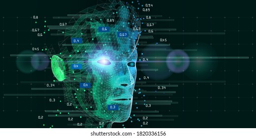 Big data. Machine learning. Polygonal technology background with wireframe cyborg head on dark blue. Data science. Artificial intelligence concept for business and scientific.