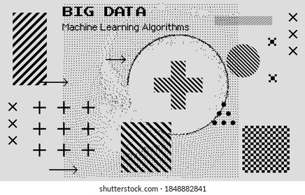 Big data and machine learning visualization. Composition of network connection structure with wave of dots and geometric shapes.
