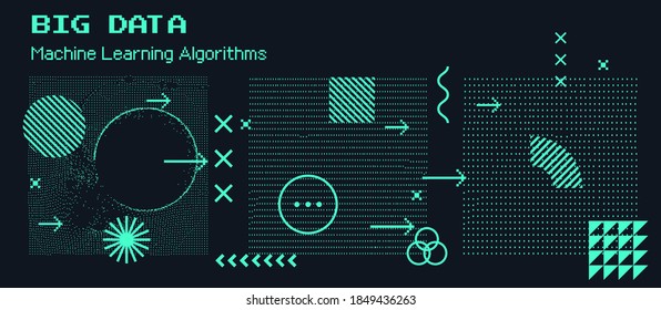 Big data and machine learning visualization. Network connection structure made of array of dots and composition of geometric shapes.