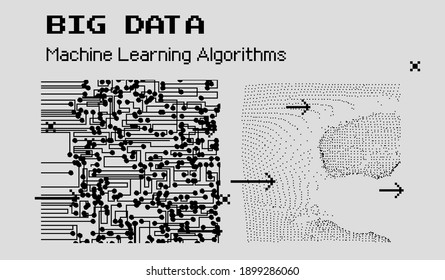 Big data and machine learning visualization.Circuit board or microcircuit structure made of pixels.