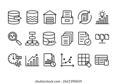 big data management icon pack. data warehouse, analytics outline icons. minimal line art set for database and business intelligence. data processing icons pack for apps, infographic, and dashboard