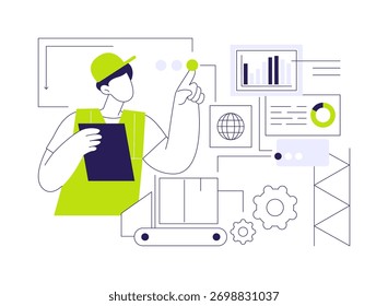 Big data in manufacturing abstract concept vector illustration. Factory worker using big data, natural resources, IT technology, machine learning industry, network connection abstract metaphor.