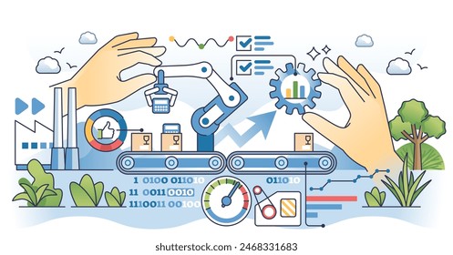 Big data in manufacturing for effective production outline hands concept. Gathering information and analyzing statistics for productive factory automation vector illustration. Business development.