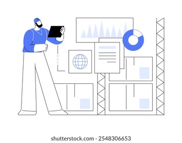 Big data na fabricação de ilustrações isoladas de vetor de desenhos animados. Trabalhador de fábrica usando big data, recursos naturais, tecnologia de TI, indústria de aprendizagem de máquina, desenho animado de vetor de conexão de rede.