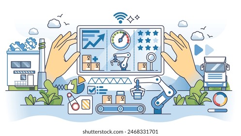 Big data in manufacturing for production automation outline hands concept. Effective and productive factory process with statistics, analytics, control and deep learning elements vector illustration.