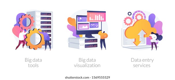 Big data metaphors icons set. Large amount of information storage, sharing, analysis and processing. Tools, visualization, data entry services. Vector isolated concept metaphor illustrations