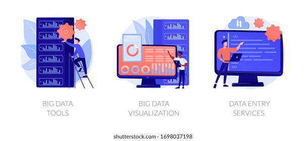 Big data metaphors icons set. Large amount of information storage, sharing, analysis and processing. Tools, visualization, data entry services. Vector isolated concept metaphor illustrations