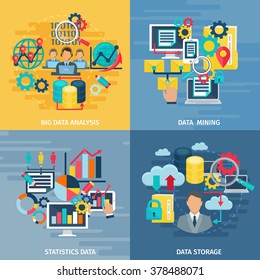 Big data mining analysis and storage technology 4 flat icons square composition banner abstract isolated illustration vector