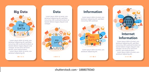 Big data mobile application banner set. Modern computer technology. Analyzing digital information from the internet and making better business decisions. Isolated flat vector illustration