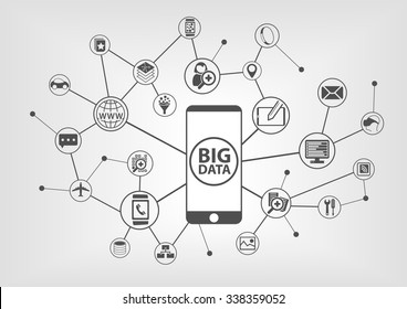 Big data and mobility concept with connected devices like smart phone. IT symbols on grey background.